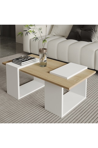 Matris Modern Orta Sehpa Geometrik Tasarım Ve Şık Detaylar Beyaz/safir Meşe