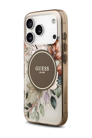 Apple Uyumlu iPhone 17 Pro Kılıf Guess Lisanslı M-safe Şarj Özellikli Flower Tonal Circle Kapak Kahverengi Kahverengi