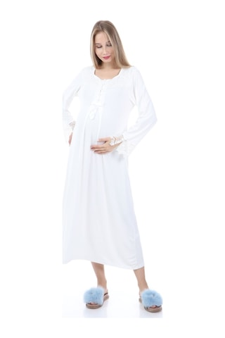 Luvmabelly Myra9620 Dantelli Düğmeli Hamile Gecelik - Ekru-ekru