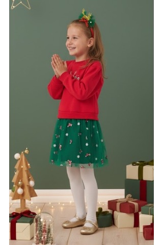 Kız Çocuk Joy Baskılı Tüllü Yıllbaşı Elbisesi Nbk-24908 Kırmızı