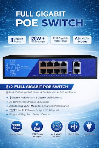 3dcool 3d-psf08-fg 10 Port Kamera Poe Switch 8xpoe 2xuplink Full Gigabit 120w 250mt