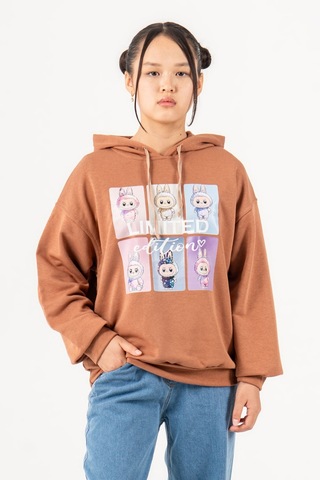 Kız Çocuk Labubu Baskılı 3 İplik Kışlık Şardonsuz Sweatshirt 4540 Kahve