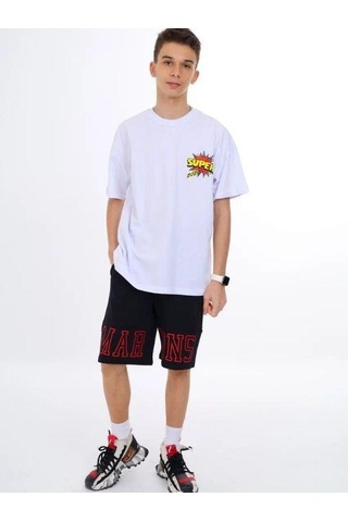 Marions Erkek Çocuk Geniş Kesim Sırtı Baskıllı Bisiklet Yaka T-shirt-13728-beyaz Beyaz