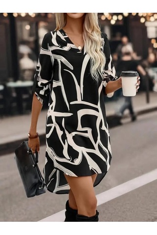 Kadın Uzun Kollu V Yakalı Desenli Dalgıç Elbise Siyah