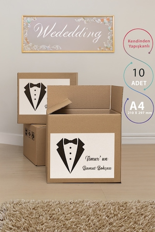 İsme Özel Damat Bohçası Etiketi - 10'lu A4 Paket - Kendinden Yapışkanlı Çeyiz Kolisi Sticker Diğer