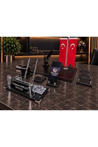 Ofis Prestij 13 Parça Kristal Kişiye Özel Masa İsimliği Seti Ve Kartal Figürü Siyah