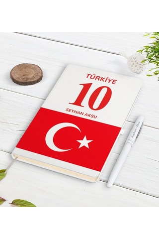 Kişiye Özel Türk Bayraklı Isimli Forma Numaralı Beyaz Defter Kale
