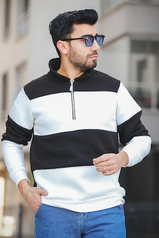 Oksit Arman Üç İplik Şardonlu Parçalı Fermuarlı Dik Yaka Slim Fit Erkek Sweatshirt 001