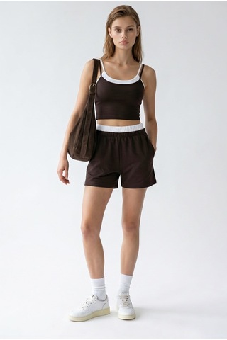 Mixray 2151 Kadın Biye Detaylı Askılı Crop Top Şort Takım Kahve