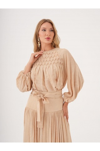 Büzgü Detaylı Kuşaklı Viskon Ve Keten Karışımlı Bluz Bej