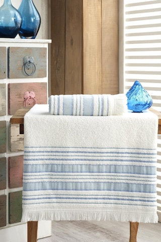Louis Marie Saçak Detaylı Pamuklu Banyo Havlu Seti 2'li Mavi 50 x 90 + 70 x 140 CM Mavi