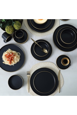 Keramika Mat Siyah Gold Fileli Stackable Yemek / Kahvaltı Takımı 20 Parça 4 Kişilik