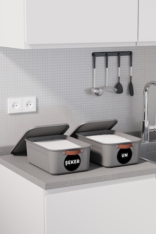 2 Li Bakliyat Erzak Saklama Kabı Un Şeker Saklama Kutusu Kapaklı Kulplu Plastik Saklama Kabı Gri