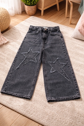 Uğur Bebe Kız Çocuk Yıldız Aplikeli Sweatshirt Jean Pantolon Takım Yıldız Detaylı Wide Leg Pantolonlu Kombin Siyah Siyah
