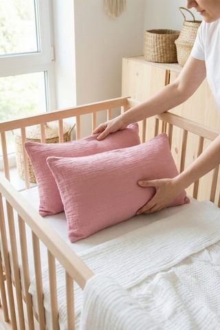 Çift Katlı Müslin Çocuk Yastık Kılıfı %100 Pamuk 35x45 cm 2’li Bebek Çocuk Kılıf Seti Gül Kurusu