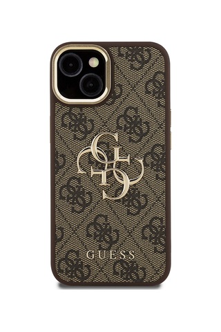 Apple Uyumlu iPhone 15 Kılıf Guess Lisanslı Metal 4g Ve Yazı Logolu Kamera Standlı Kapak Kahverengi