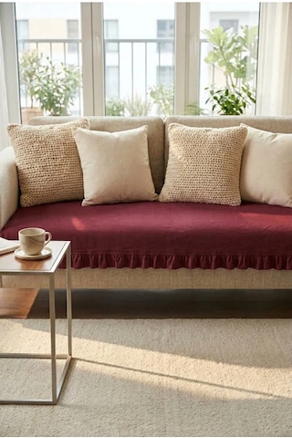 Keten Pamuk Koltuk Örtüsü Fırfırlı Bordo 90x200 Cm Şık Ve Doğal Görünüm