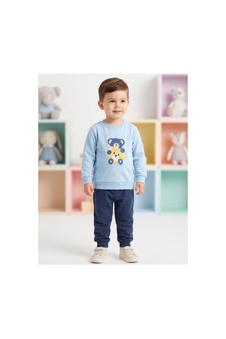 Deniva Kids Erkek Çocuk Açık Mavi - Lacivert Gözlüklü Ayıcık Nakışlı 2'li Eşofman Takımı