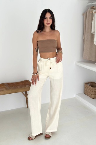 Beli Lastikli Geniş Paça Pantolon Ekru Ekru