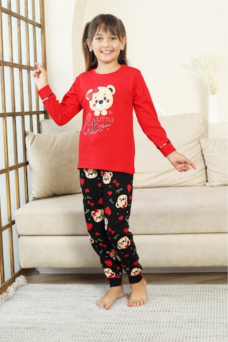 Kız Çocuk Ayıcık Baskılı %100 Pamuk İnterlok Kumaş Pijama Takımı 12347 Nar Cıcegı