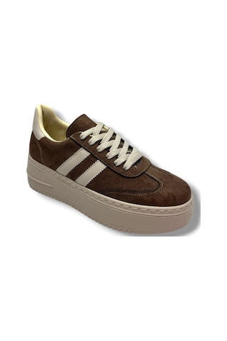 Şanzelize K16-26 Süet Deri Yüksek Anatomik Taban Bağcıklı Kadın Sneaker Kahve Bej Kahverengi