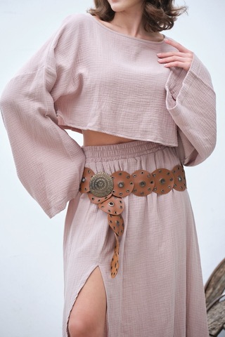 Unika Boutique Ham Keten Bohem Bluz Etek Takım Pembe