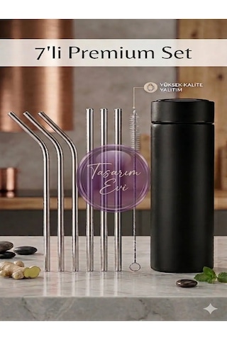 Premium 7 Parça Paslanmaz Çelik Metal Pipet Seti - 3 Düz, 3 Eğimli Pipet + Temizleme Fırçası Metalik Gri