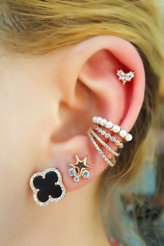 MorMajor Silver Tekli Siyah Mineli Yonca Gümüş Küpe-6539