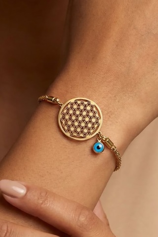 Valmont Accessories Yaşam Çiçeği Nazar Boncuklu 18+5 Cm Ayarlanabilir Altın Sarısı Kadın Çelik Bileklik