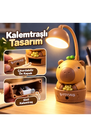 Kapibara Kalemtraşlı Şarjlı Led Masa Lambası, 2 Farklı Işık Modlu, 250 Mah Bataryalı, Esnek Boyunlu, Gizli Kalemtraşlı, Çocuk Odası Ve Masaüstü İçin Dekoratif Gece Lambası, Kml94 Kahverengi