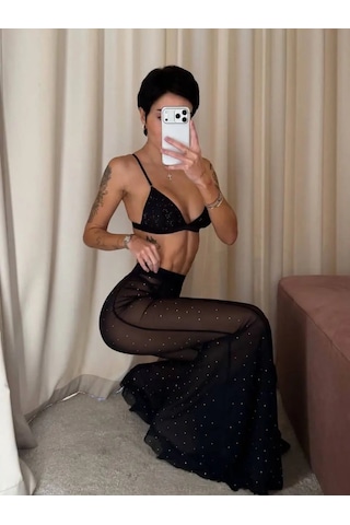 Havens Ponza Taşlı Pantolo Bra G-string 3 Lü Set Siyah