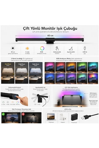 Dokunmatik Rgb Çift Yönlü Monitör Üstü Led Aydınlatma Monitör Işık Çubuğu 40cm