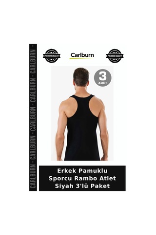 Carlburn Özel Seri Erkek Pamuklu Sporcu Rambo Atlet Siyah 3'lü Paket Rahat Üst Kolsuz Tişört