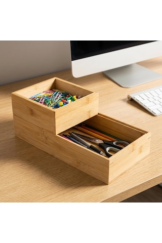 2'li Çok Amaçlı Bambu Organizer Set - Büyük Ve Küçük Boy Banyo, Mutfak Ve Ofis Düzenleyici Kutu - Ahşap Dekora Çok Renkli