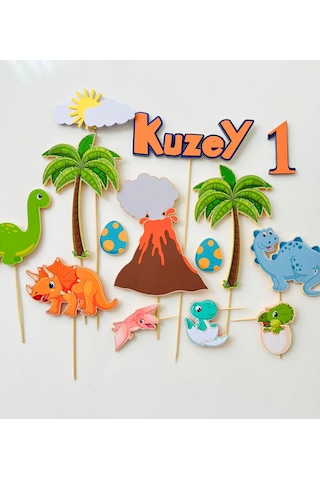 Dinozor Temalı İsme Özel Erkek Çocuk Doğum Günü Pasta Süsü