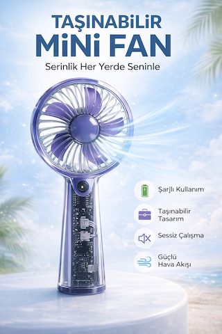 Taşınabilir Mini El Fanı Şarjlı Usb Type-c 3 Kademeli Sessiz Soğutucu Fan 500mah