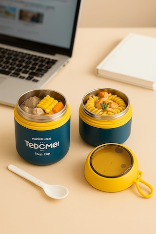 Dekorasyaa 2 Katlı Lunch Box - Mavi - Paslanmaz Çelik - Kaşıklı - Yemek Taşıma Kabı - 710ml Mavi