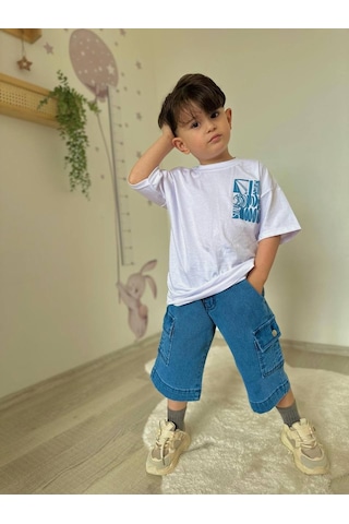 Miniko Kids Erkek Çocuk Kot Cep Kapri Modelli Pamuk Şortlu Takım Beyaz