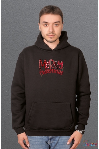 Bumeta Klasik Yılbaşı Merry Christmas Baskılı Sweatshirt Unisex Kapüşonlu Hoodie Siyah