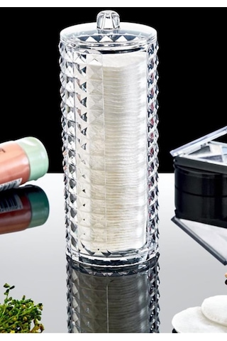 Flosoft Diamond 3 Lü Pamuk Organizer, Disk Pamukluk Makyaj Pamukluğu Kulak Çubukluğu 3 Lü Set Şeffaf