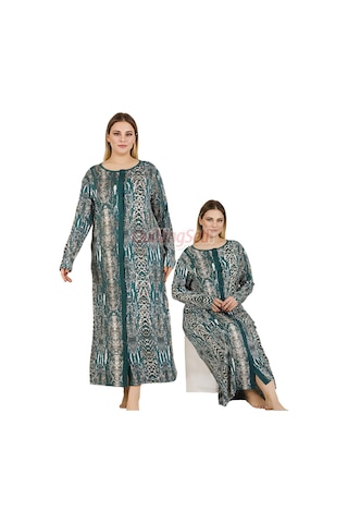 Lady Desenli Ve Boydan Düğmeli 7288 Kadın Uzun Kol Düğmeli Yaka Büyük Beden Anne Gecelik, Elbise Siyah - Yeşil