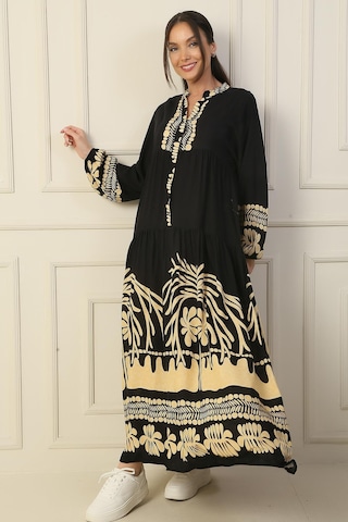 By Saygı Önü Yarım Düğmeli Kolu Lastikli Empirme Tesettür Uzun Elbise-36232-camel Camel
