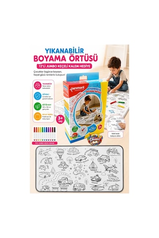 Yıkanabilir Boyama Örtüsü Taşıtlar 100x15 Cm 1 Paket 12 Renk Jumbo Keçeli Kalem Penmark