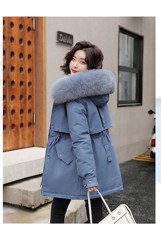 Snapbuy Kalın, Yumuşak Dolgulu, Midi Boy, Kapüşonlu, Kürk Detaylı Kadın Mont Mavi