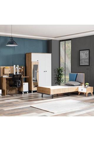 Lotus Genç Odası Takım Karyola, Dolap, Komodin, Çalışma Masası Beyaz