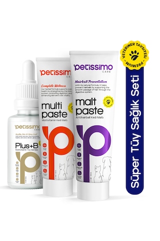 Petissimo Care Süper Kedi Tüy Sağlık Seti - Plus B Damla - Multivitamin Malt - Antihairball Malt