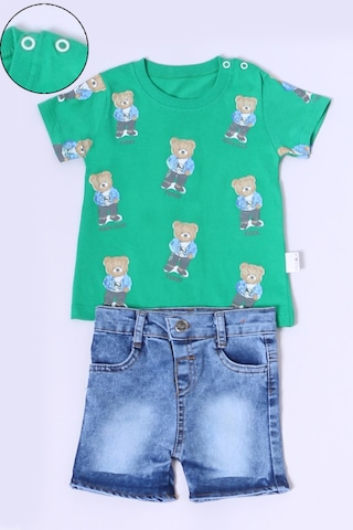 Erkek Bebek Şortlu Takım Kot Şortlu Çıtçıt Detaylı Baskılı B26 Yeşil
