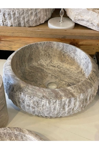 Yeni Silver Gümüş Traverten 9'lu Lavabo Ve Kaseli Banyo Takımı Beyaz