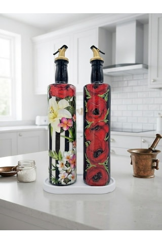 750 Ml Büyük Boy El Yapımı Cam Yağdanlık Sirkelik 2'li Set Çiçek Desenli Ve Çizgili Dekoratif Zeyt Kırmızı Ve Siyah