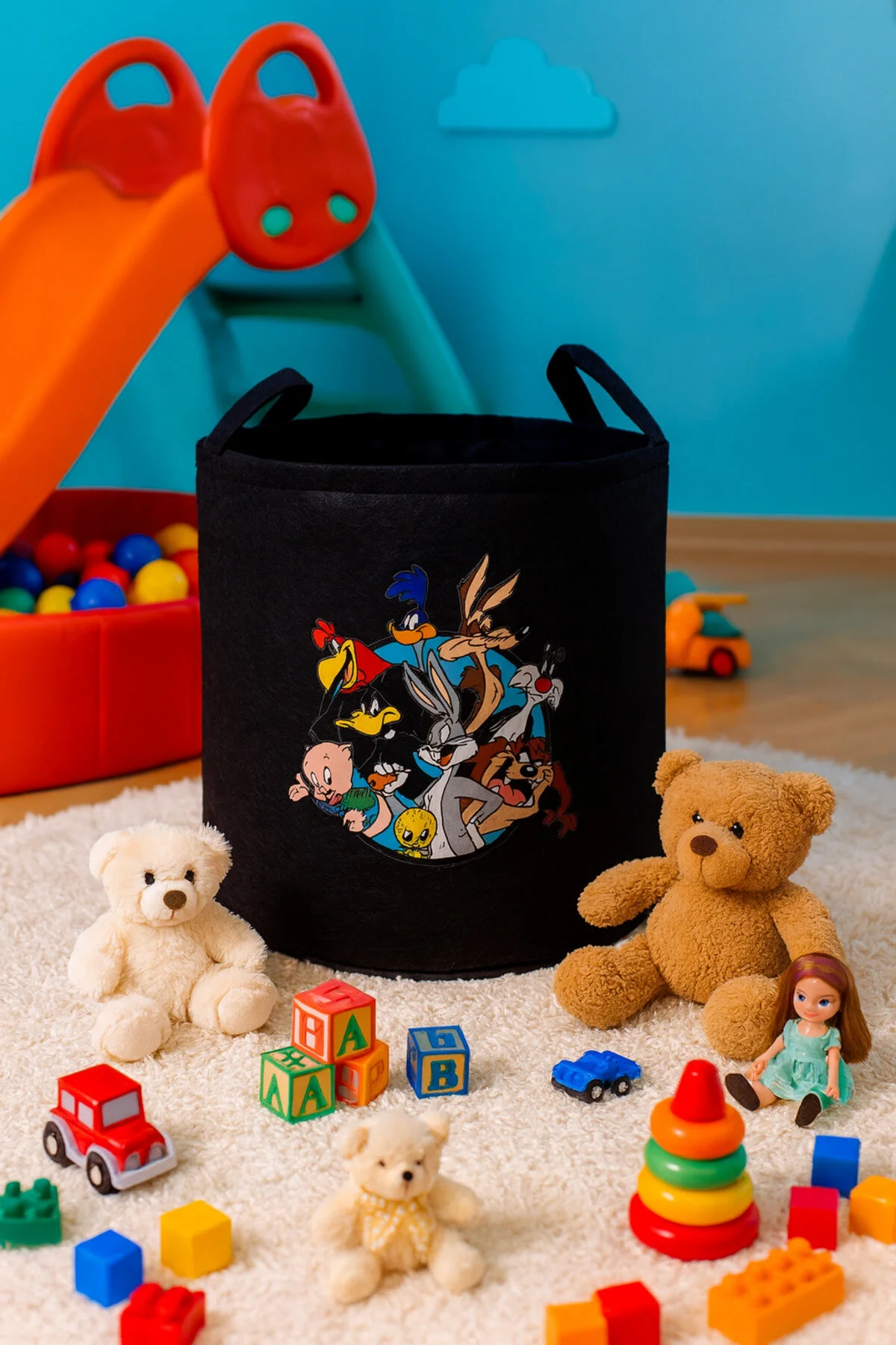 Keçe Oyuncak Sepeti Çizgi Film Desenli, Katlanabilir Kulplu, Çocuk Odası Düzenleyici Siyah